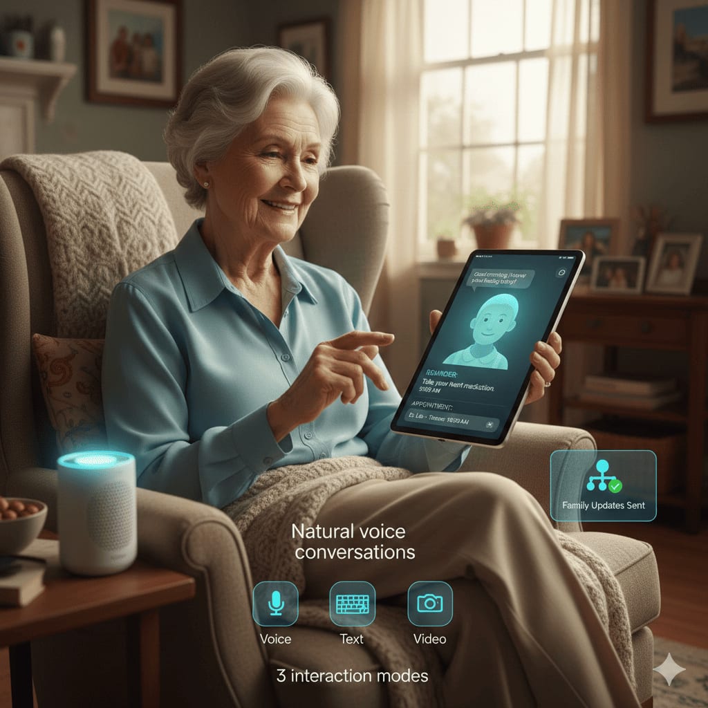 Senior using AllWell AI Companion on a tablet at home